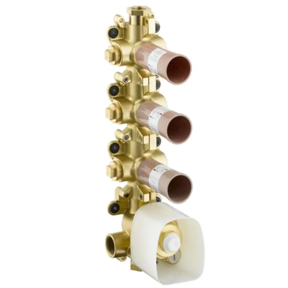 Thermostatmodul Grundkörper von AXOR, mit mehreren Anschlüssen und integrierten Komponenten zur Installation in einer Wandkonstruktion.